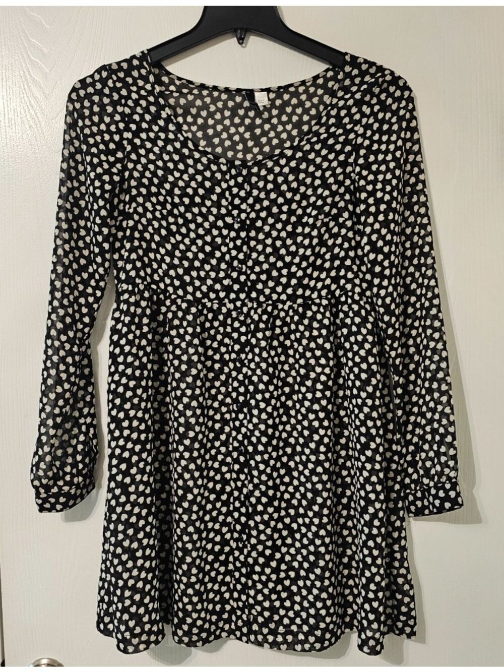 Divided Womens Sheer Blk Long-Sleeve Heart Print Babydoll Minidress 6 Whimsigoth